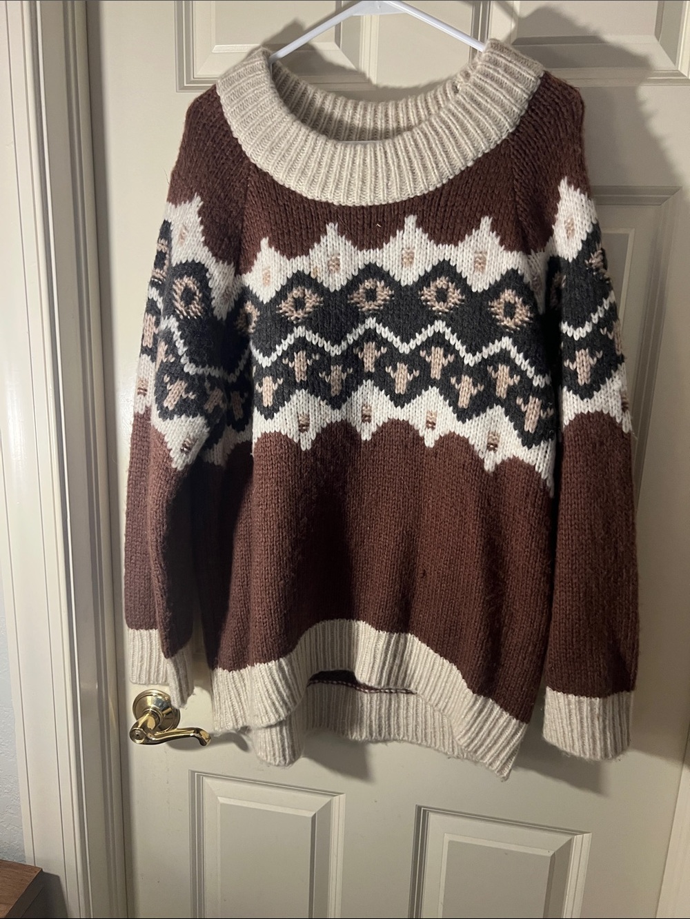 aerie Brown Fair Isle Crewneck Sweater with Cream Trim